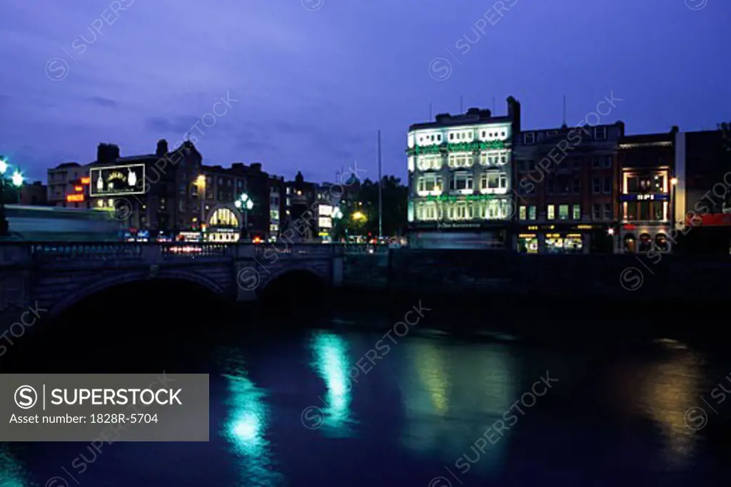 River Liffey and Buildings at Dusk, Dublin, Ireland   