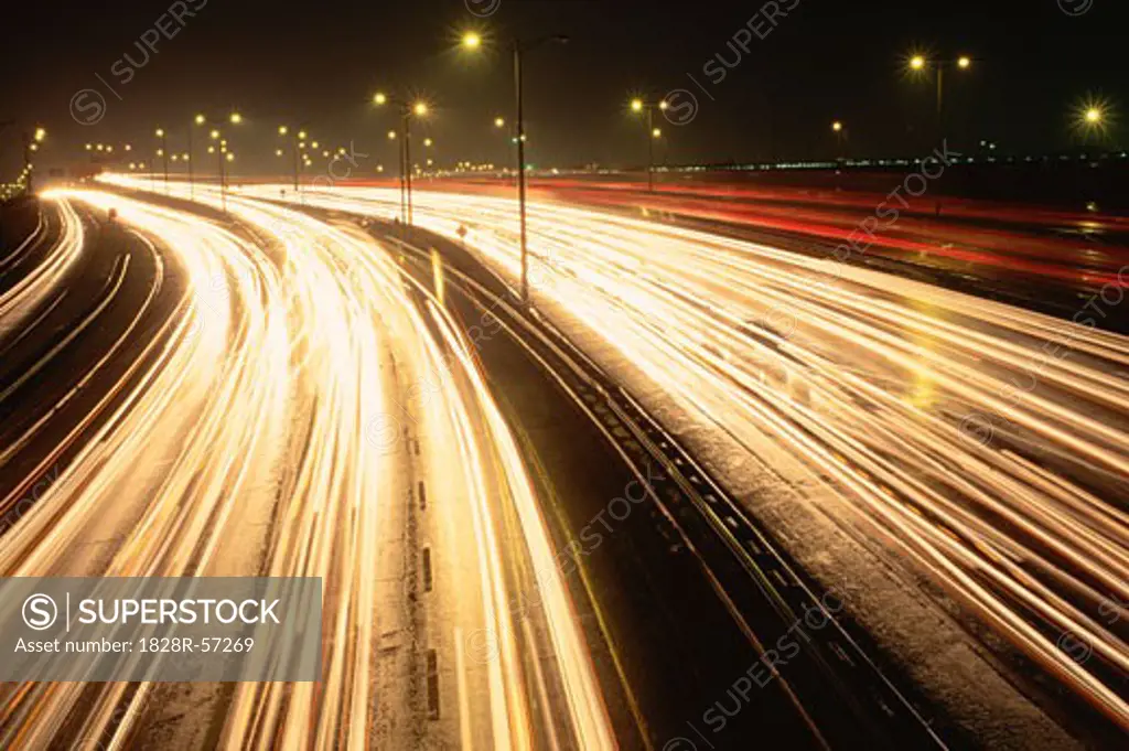 Traffic on Highway 401 at Night, Toronto, Ontario, Canada   