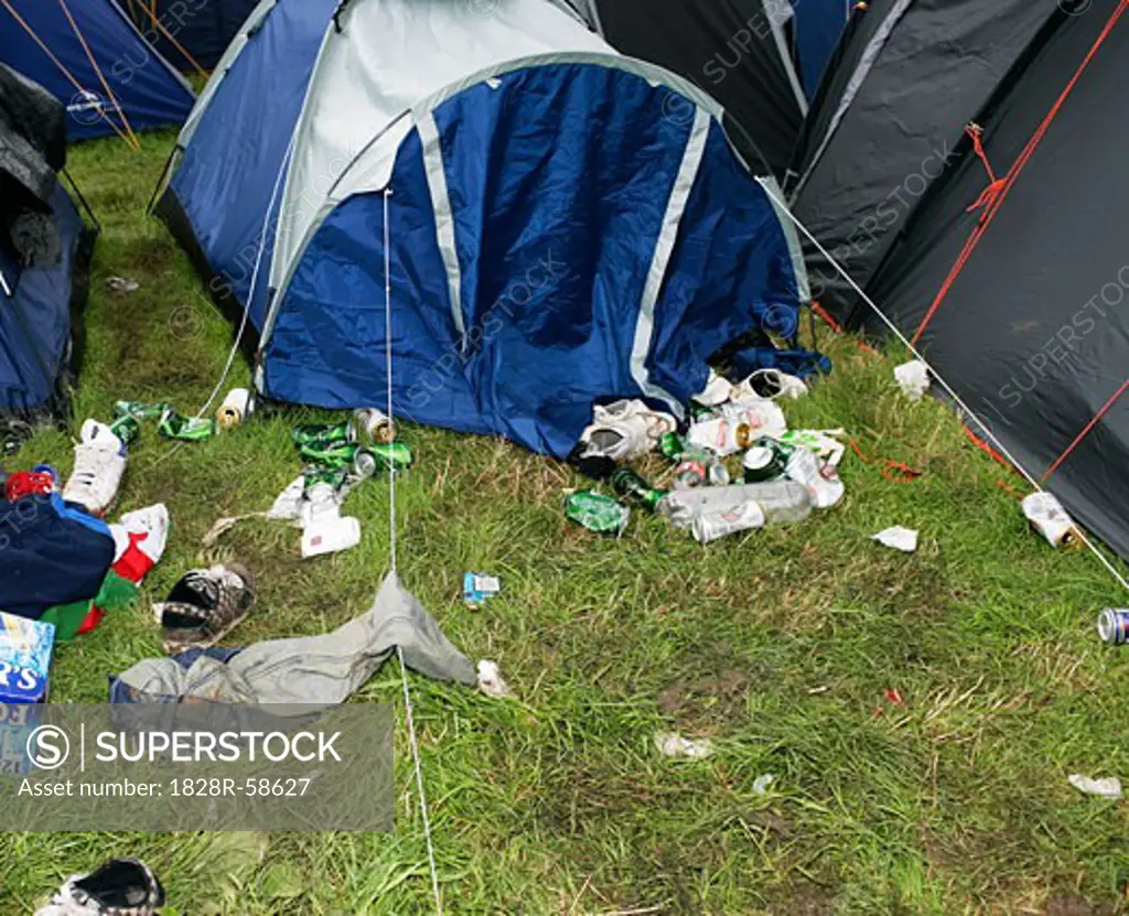 Litter Surrounding Tents at Glastonbury Festival, South West England, England   