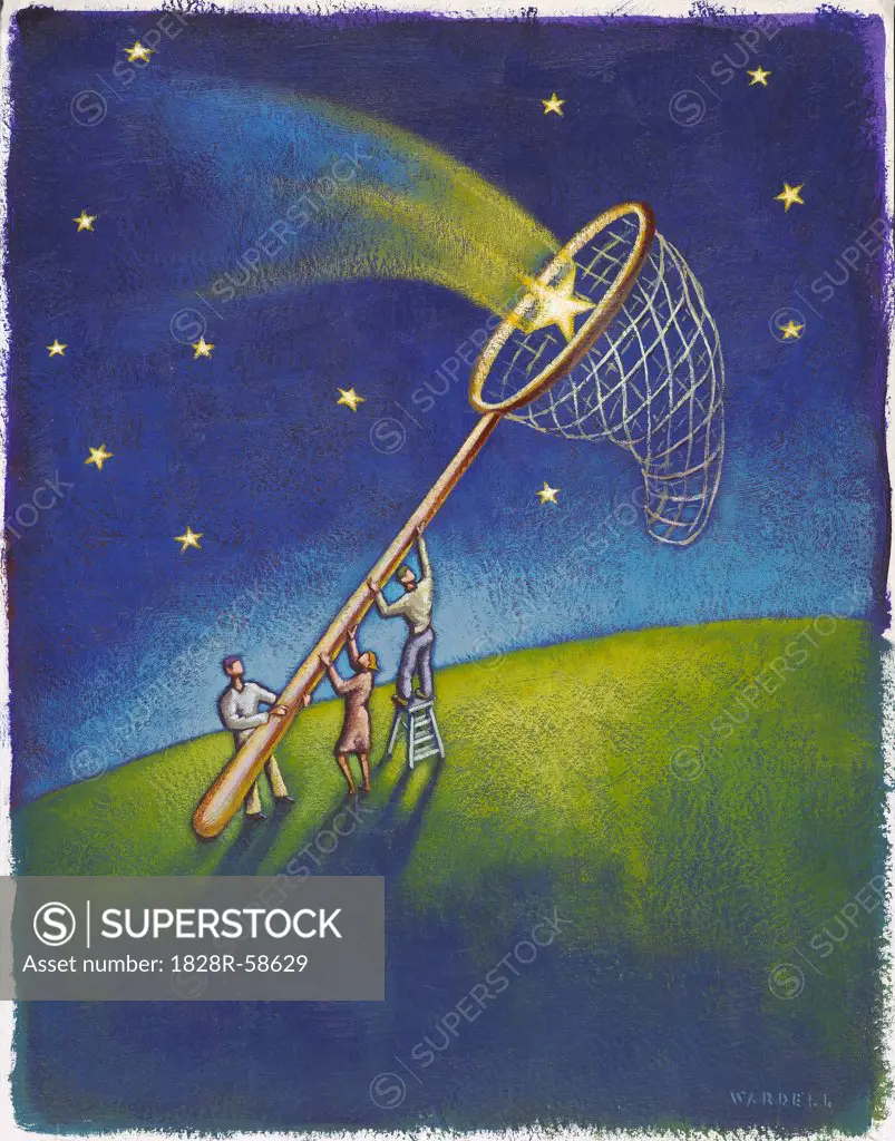 Illustration of People Catching Stars in Net   