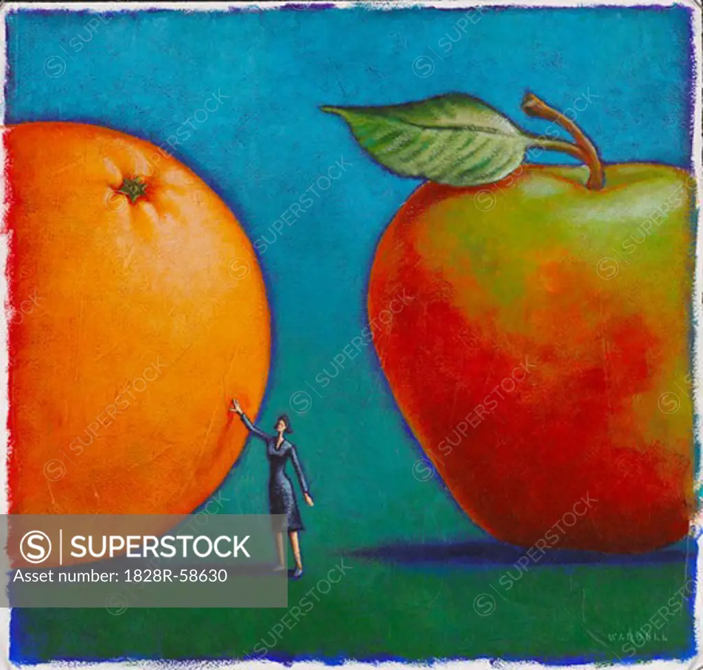 Illustration of Woman Comparing Apples to Oranges   
