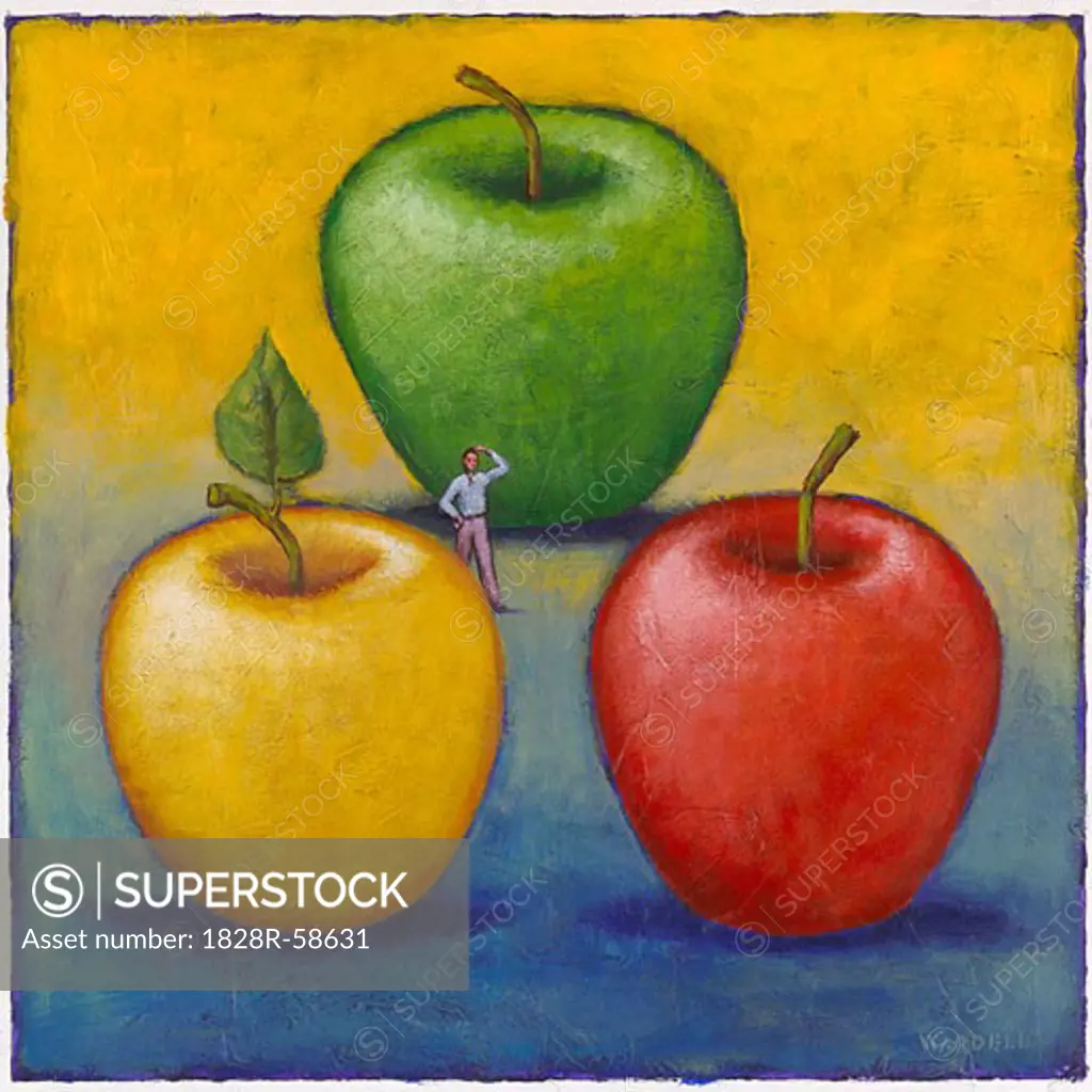 Illustration of Man Choosing From Three Apples   