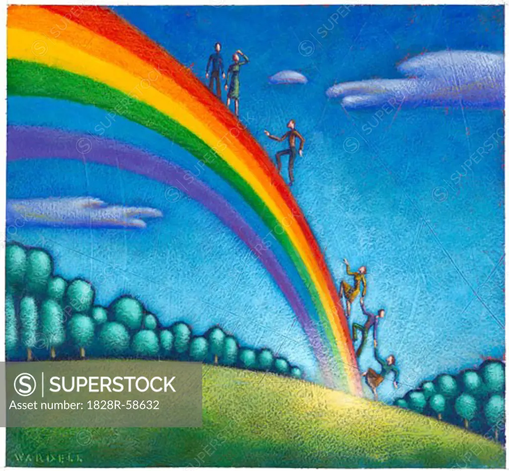 Illustration of People Climbing a Rainbow   