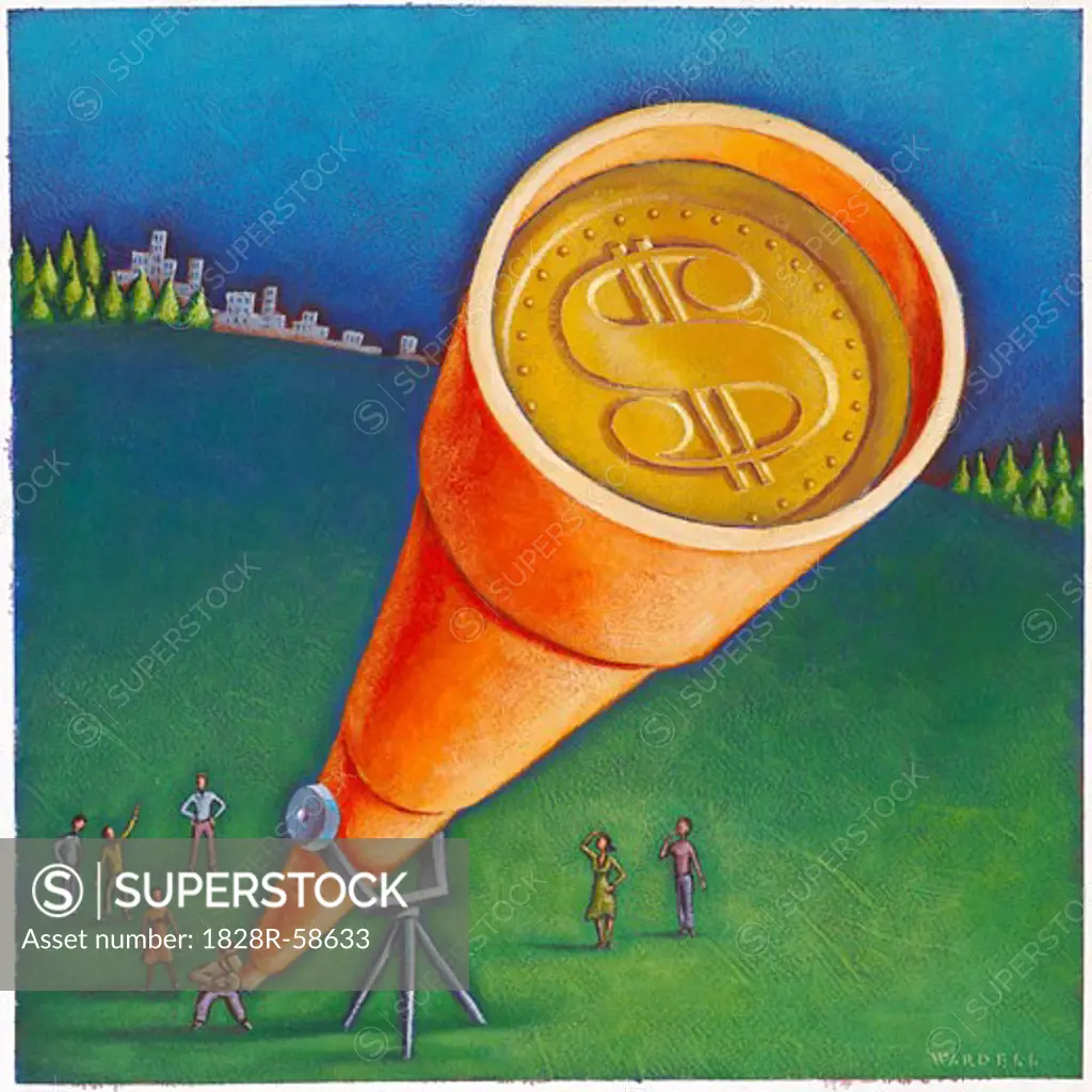Illustration of People Looking at Money Through Telescope   