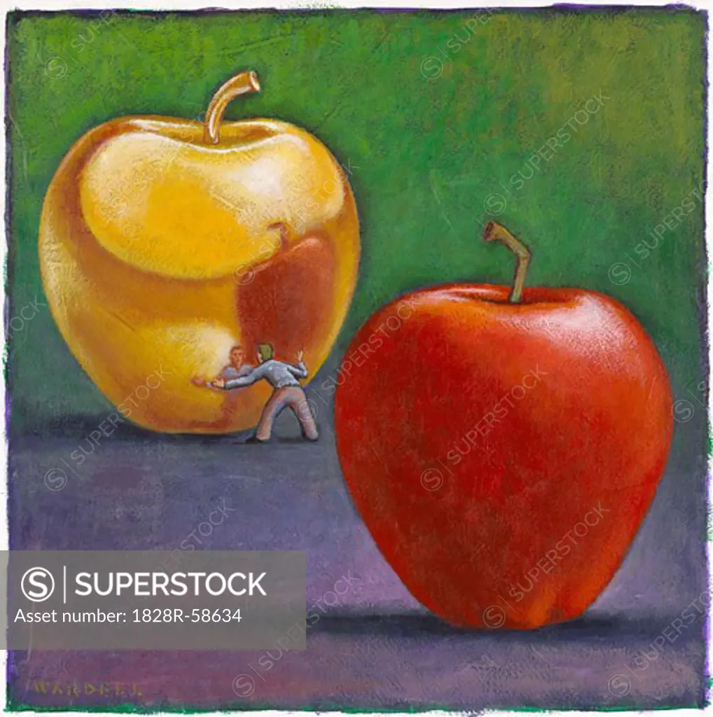 Illustration of Man Looking at Reflection in Golden Apple, with Red Apple in Foreground   