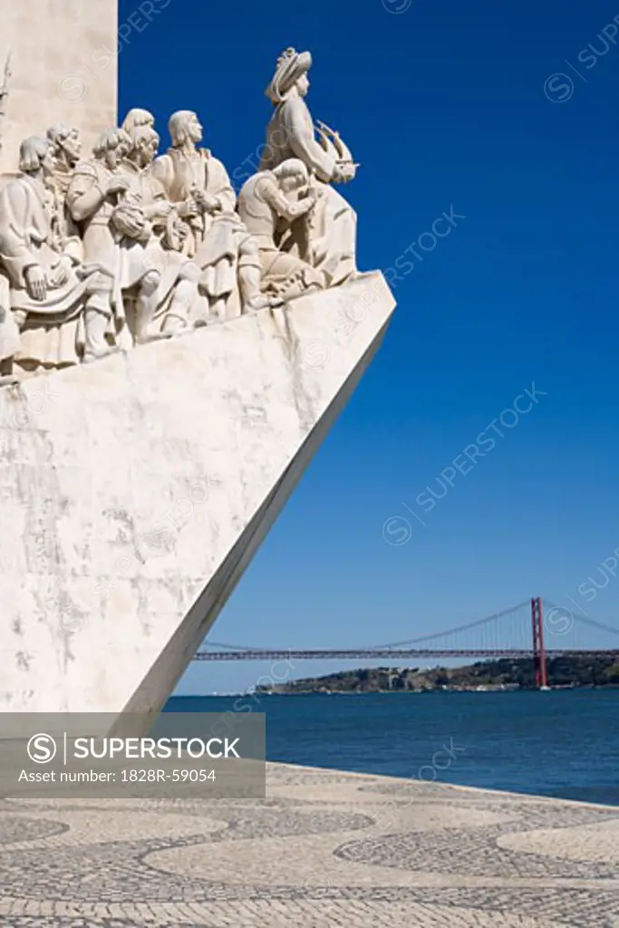 Monument to the Discoveries, 25th of April Bridge in the Distance, Belem, Lisbon, Portugal   