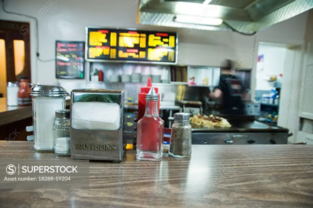 Condiments on Counter in Diner, Waterloo, Ontario, Canada   