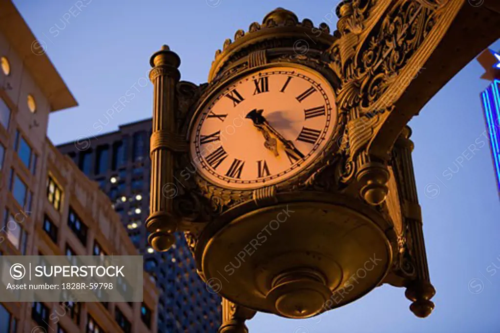 Clock and Buildings, Chicago, Illinois, USA   