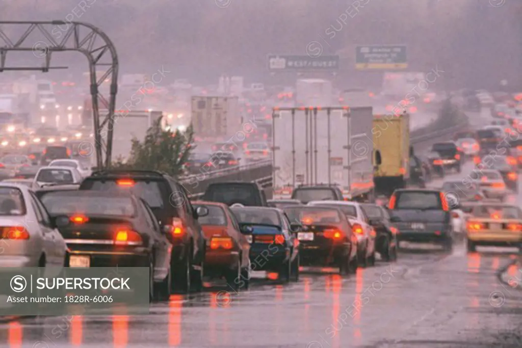 Highway Traffic in Rain, Highway 401, Toronto, Ontario, Canada   