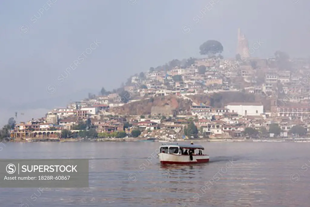Boat on Lake Patzcuaro with Janitzio Island in Background, Patzcuaro, Michoacan, Mexico   
