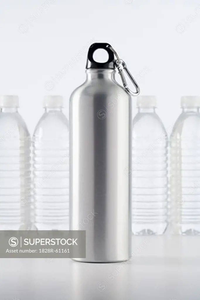 Metal Water Bottle and Plastic Bottles   
