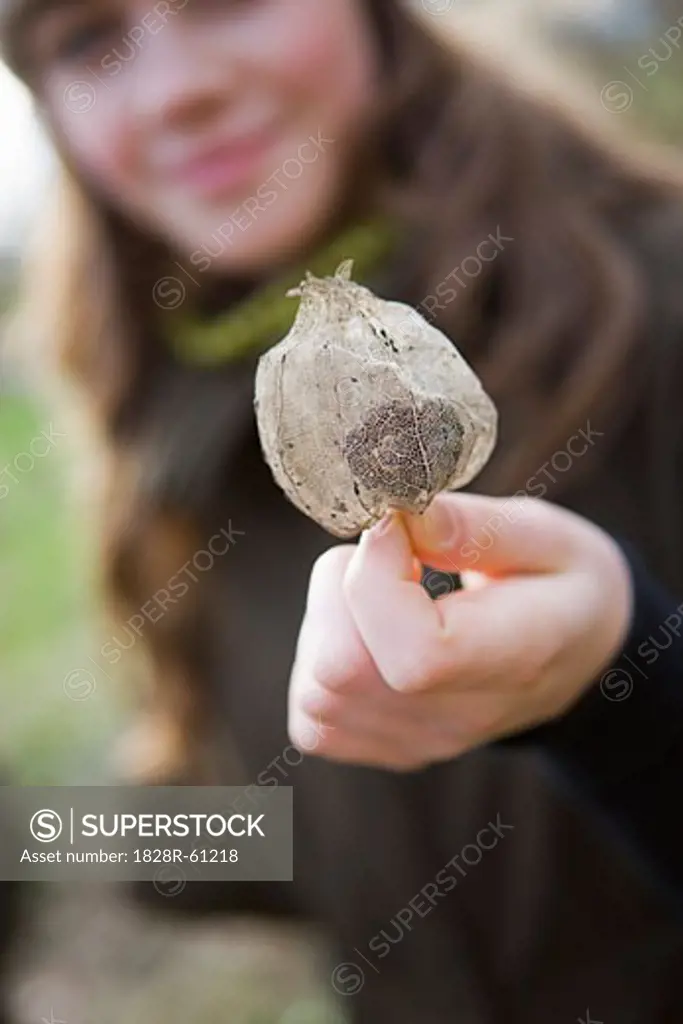Close-up of Teenage Girl Holding a Seed Pod, Hillsboro, Oregon, USA   