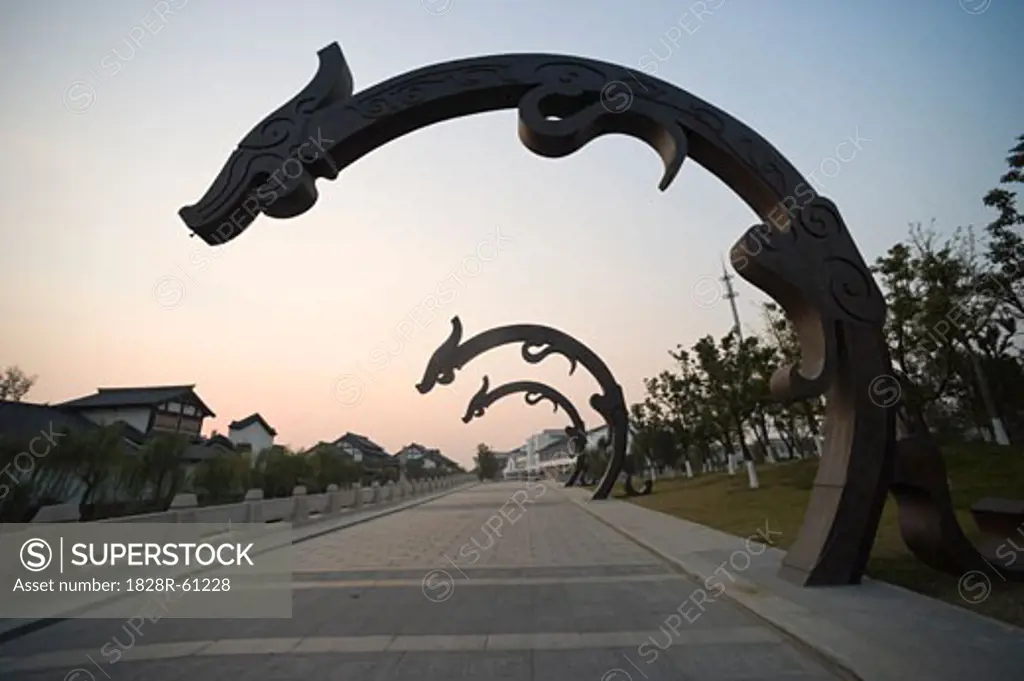 Dragon Scultpures over Pathway, Yancheng Remains, Wujin District, Changzhou, China   