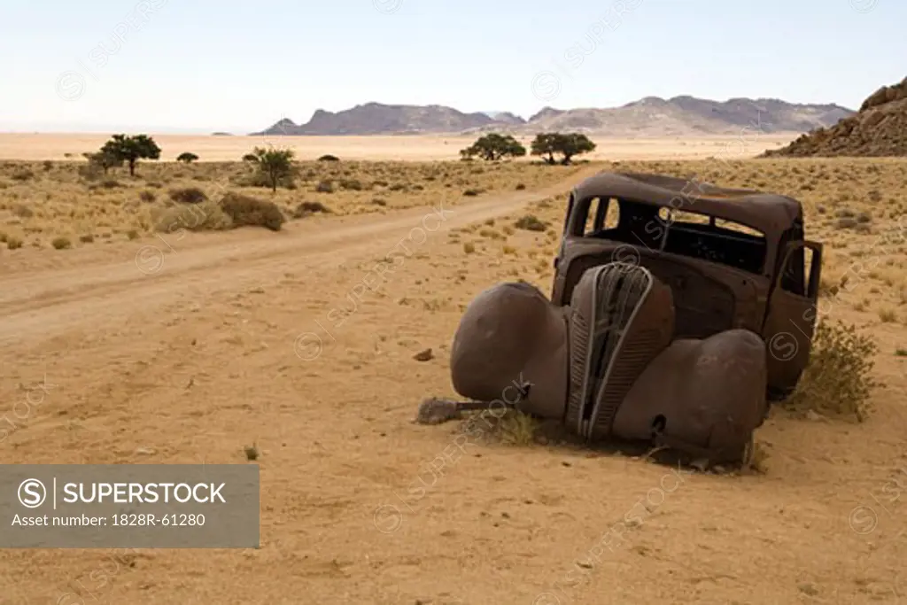 Old Abandoned Car on Side of Dirt Road, Aus, Karas Region, Namibia   