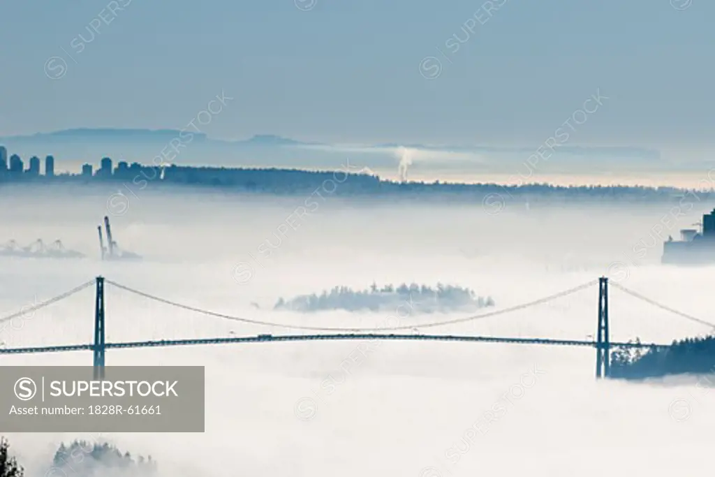 Lion's Gate Bridge in Fog, Vancouver, British Columbia, Canada   