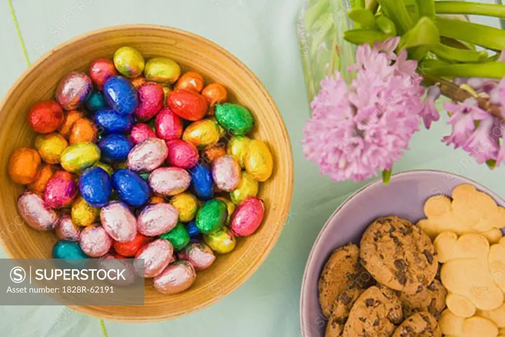 Bowl of Chocolate Easter Eggs and Bowl of Cookies   
