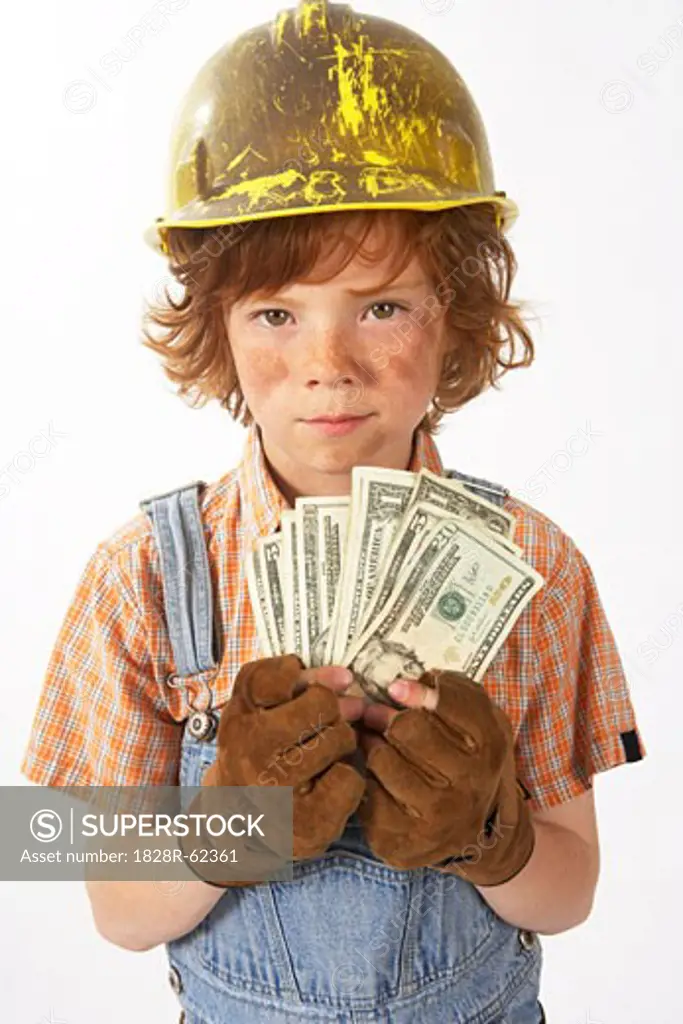 Little Boy Dressed Up as Construction Worker Holding Cash
