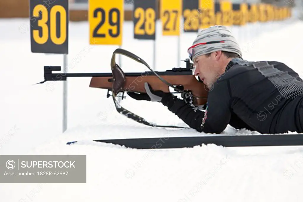 Close-up of Male Biathlon Athlete, Target Shooting, Whistler, British Columbia, Canada