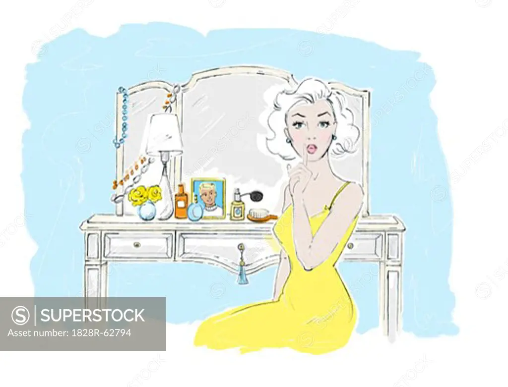 Illustration of Woman Sitting in front of Vanity Table