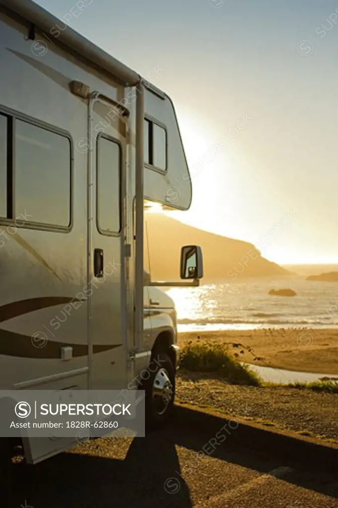 Motor Home Parked by the Ocean at Dusk, Harris Beach State Park, Brookings, Oregon, USA   