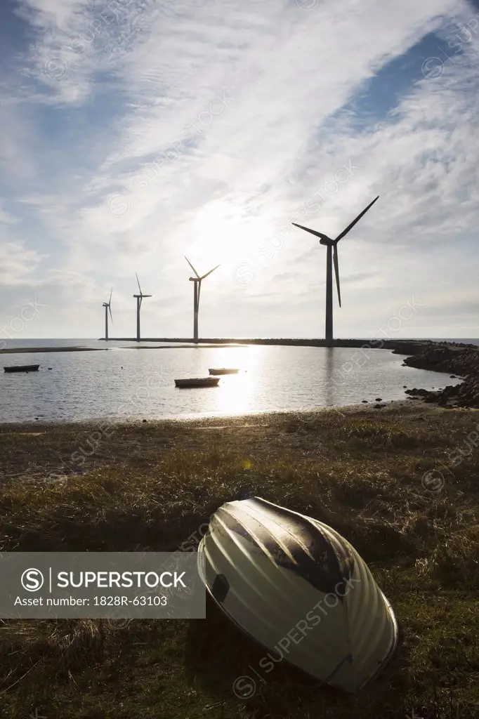 Boat and Wind Turbines, Ebeltoft, Syddjurs Municipality, Region Midtjylland, Jutland, Denmark