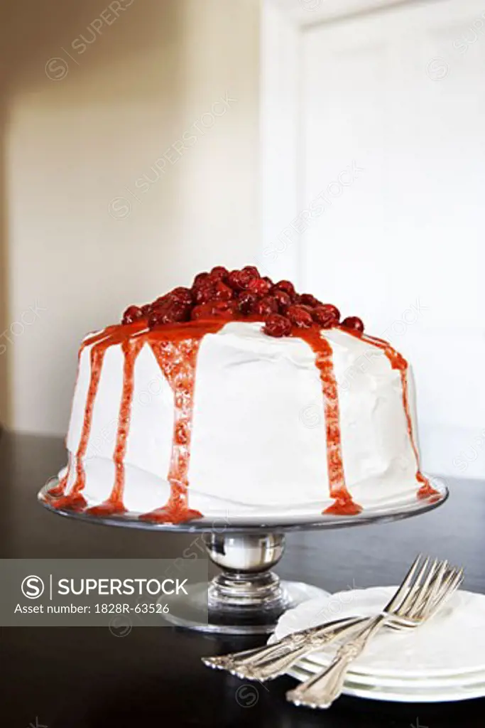 Raspberry Cake on Glass Cake Stand