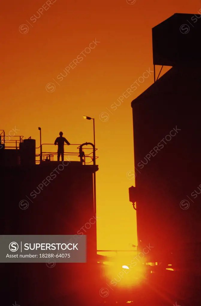 Mining, Ore Processing Plant, Sunset Silhouette, Workers