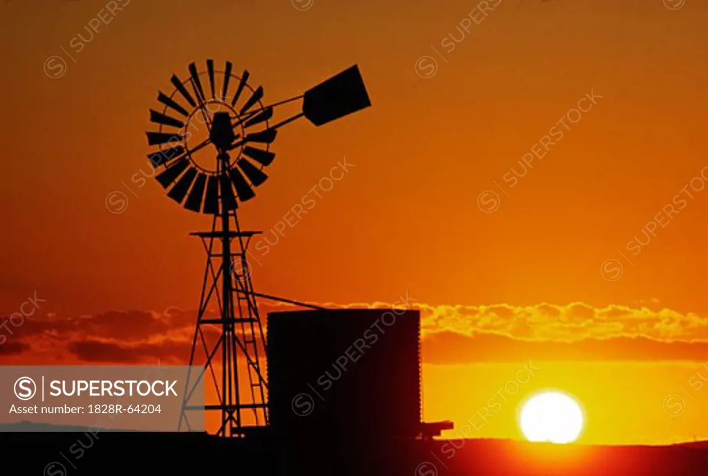 Windmill and Water Tank, Sunset Silhouette