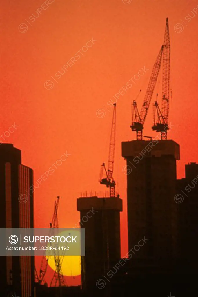 Office Building Construction, Sunset Silhouette
