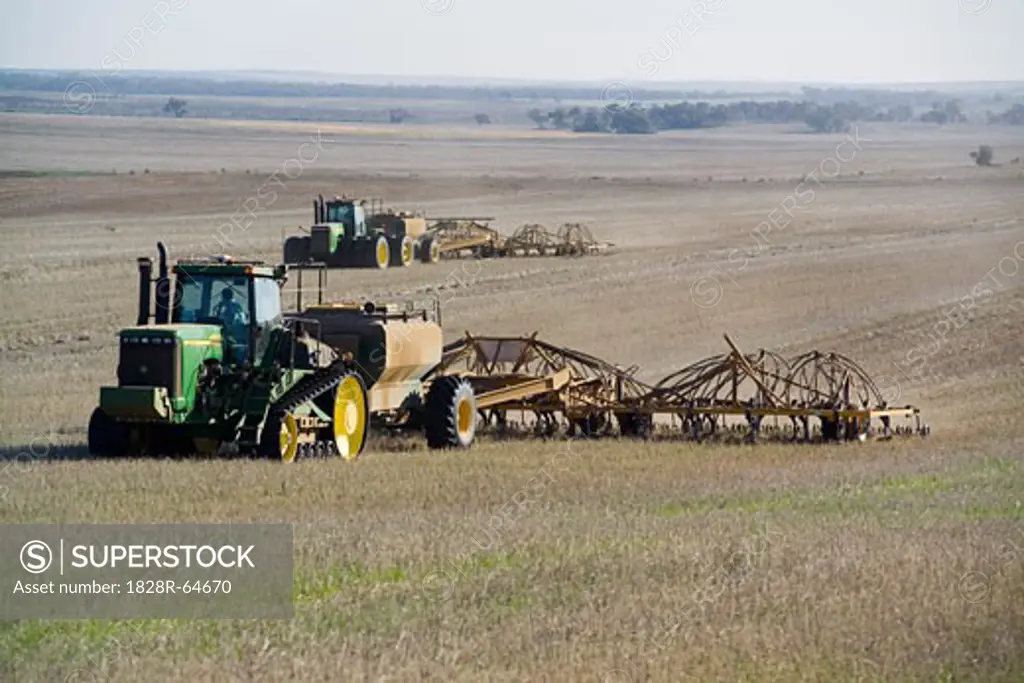 Wheat Sowing, Two Tractors Pulling Seed Drills, Australia