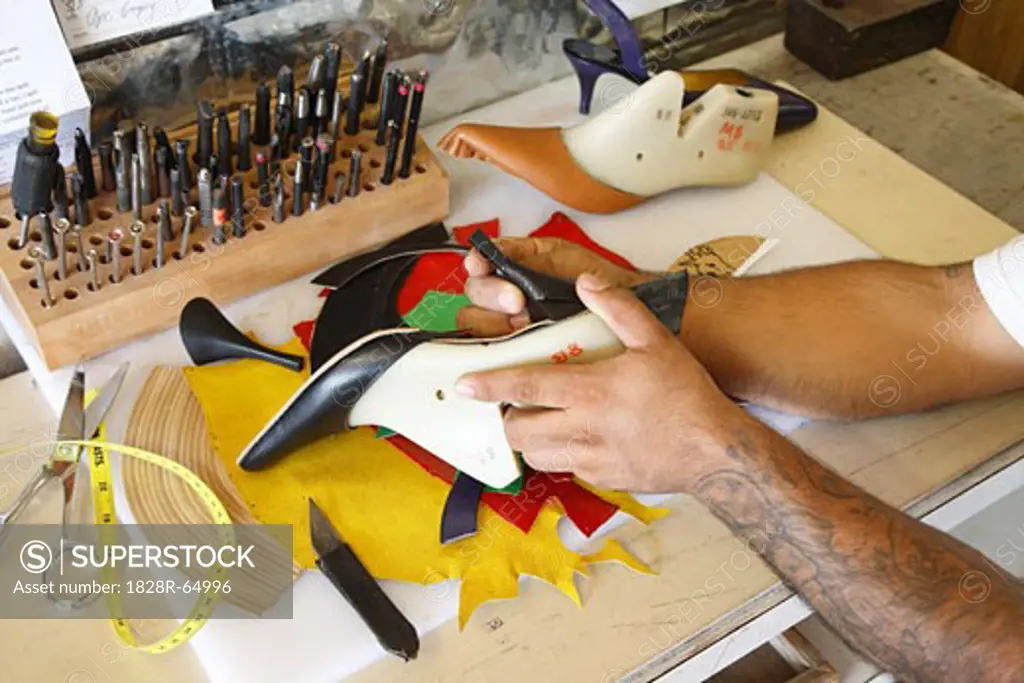 Close-up of Man Making a Shoe, Maida's Black Jack Boot Company, Houston, Texas, USA