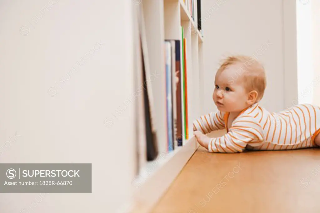 Baby Lying on Floor Looking in Bookshelf