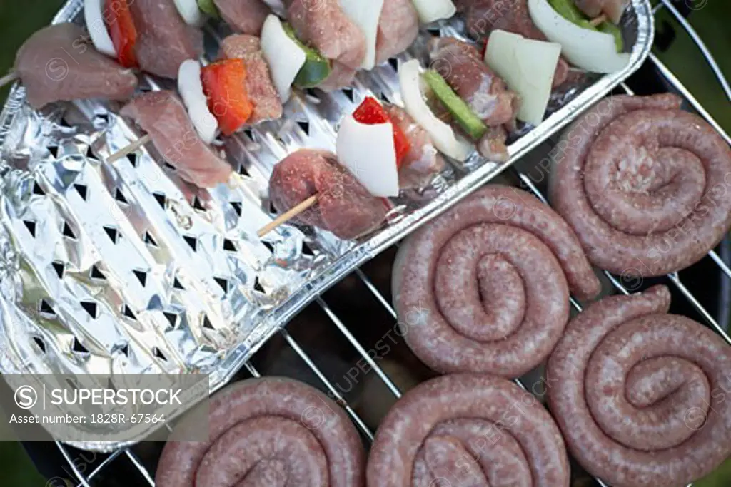Sausage and Kebabs on Barbecue