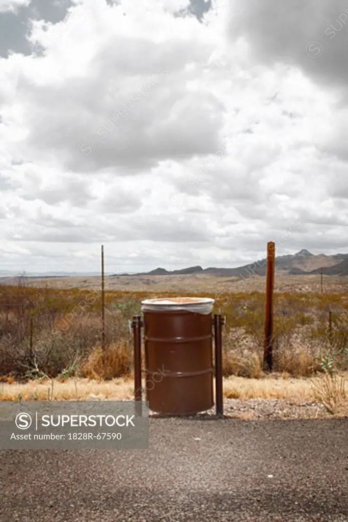 Garbage Can on Side of the Road, Shafter, Texas, USA