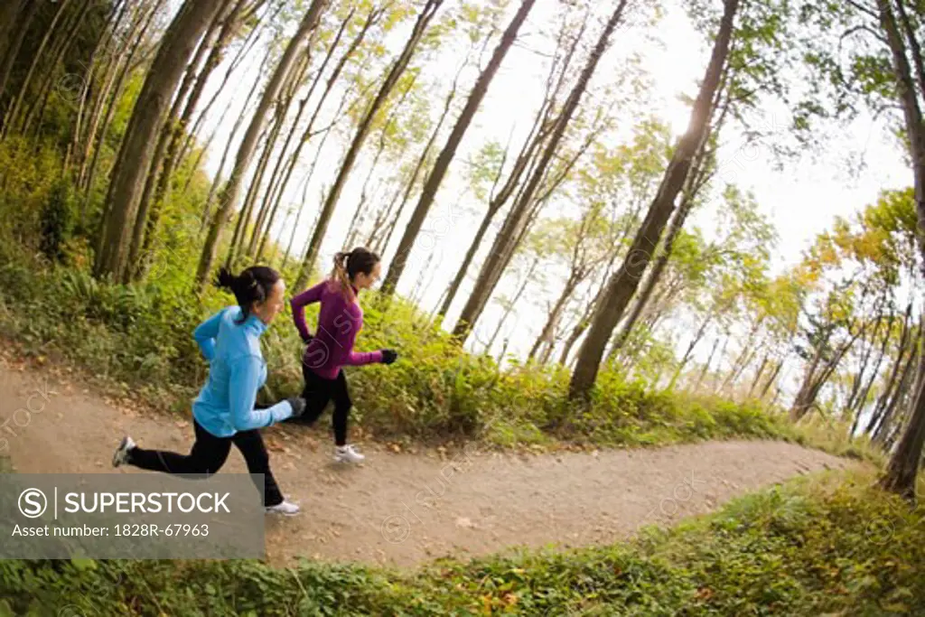 Women Running on Forest Trail, Seattle, Washington, USA
