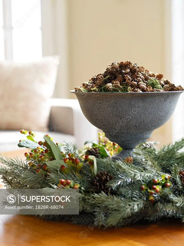Pinecones in Bowl with Wreath on Table