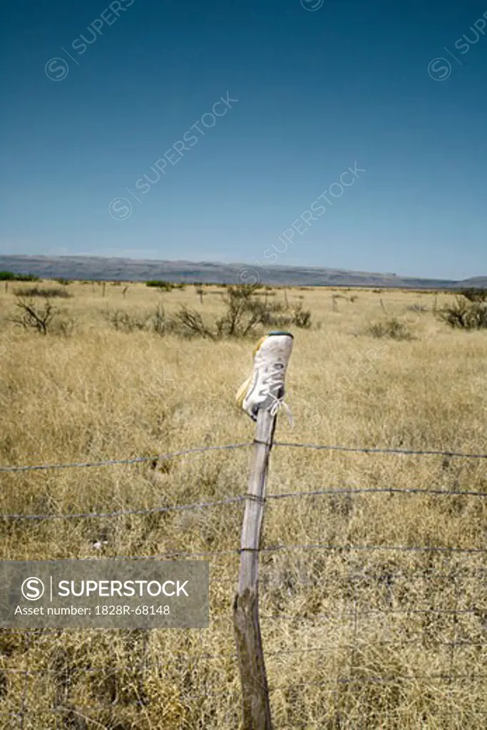 Shoe on Fence Railing, Marfa, Texas, USA