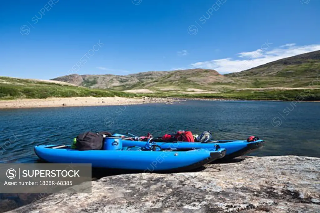 Canoes on Shore of Soper River, Katannilik Territorial Park Reserve, Baffin Island, Nunavut, Canada