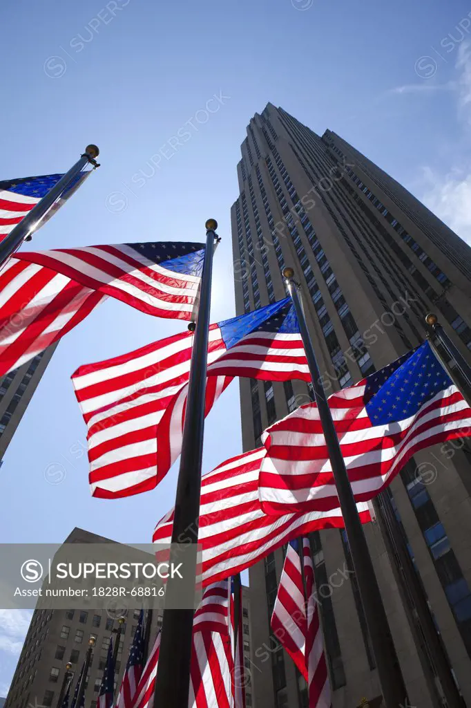 American Flags at Rockefeller Center, GE Building in the Background, NYC, New York, USA