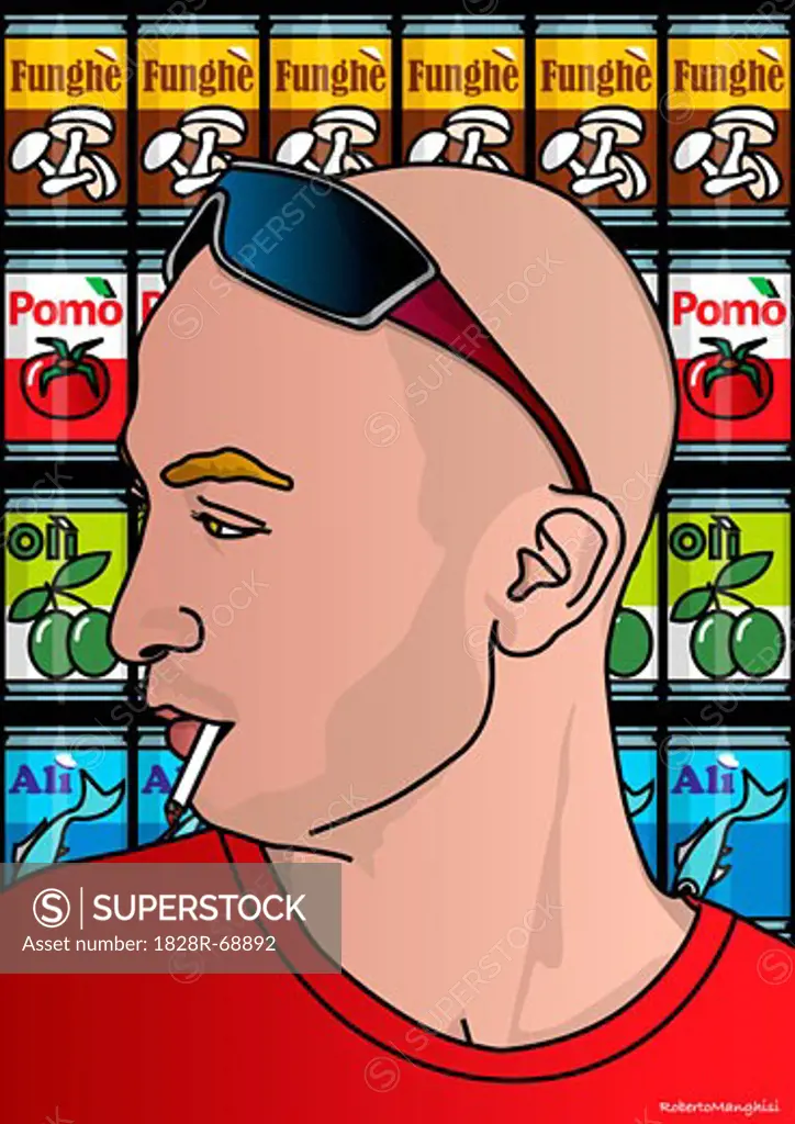 Illustration of Man in Front of Canned Food