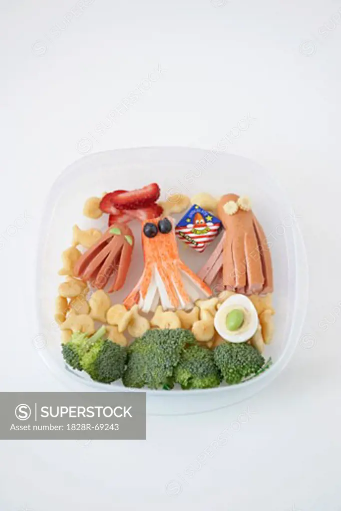Bologna and Crab Shaped like Octopi with Crackers and Broccoli in Container