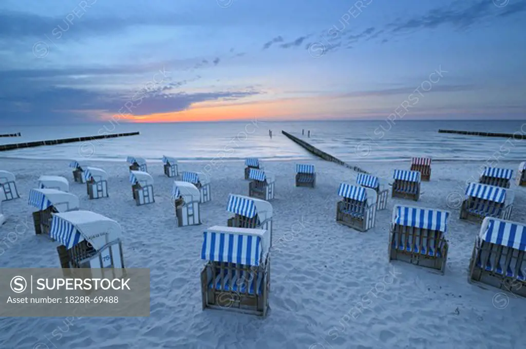 Beach Chairs on Beach at Sunset, Baltic Sea, Mecklenburg-Vorpommern, Germany