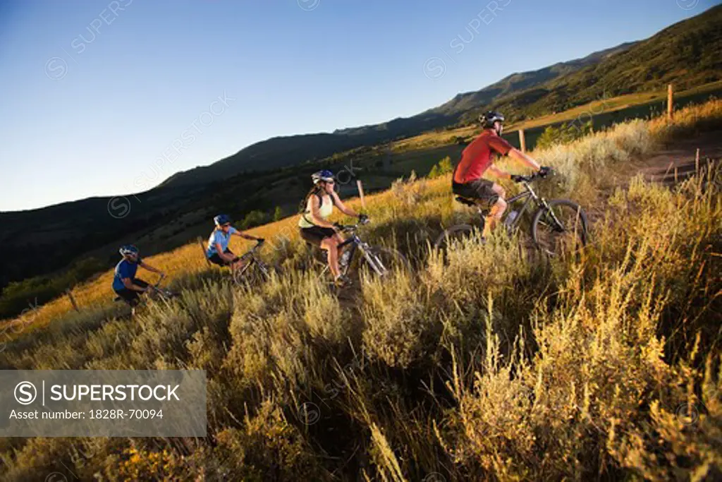 Group of Mountain Bikers on Dirt Trail, Near Steamboat Springs, Routt County, Colorado, USA