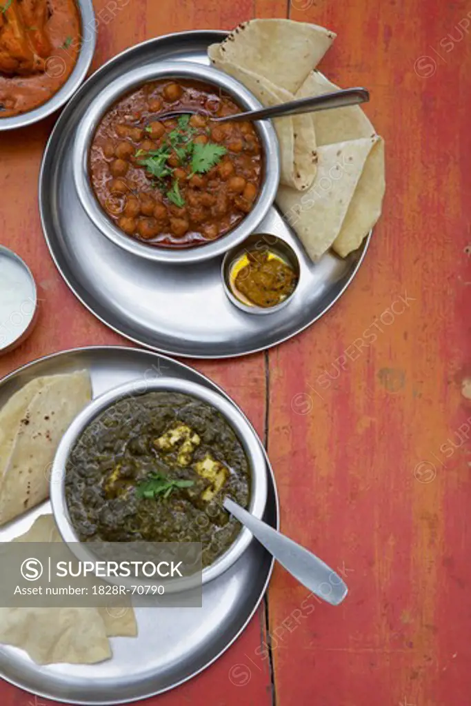 Chana Masala, Saag Paneer, Vegetable Makhani, Papadum, Chapati, and Mixed Pickle