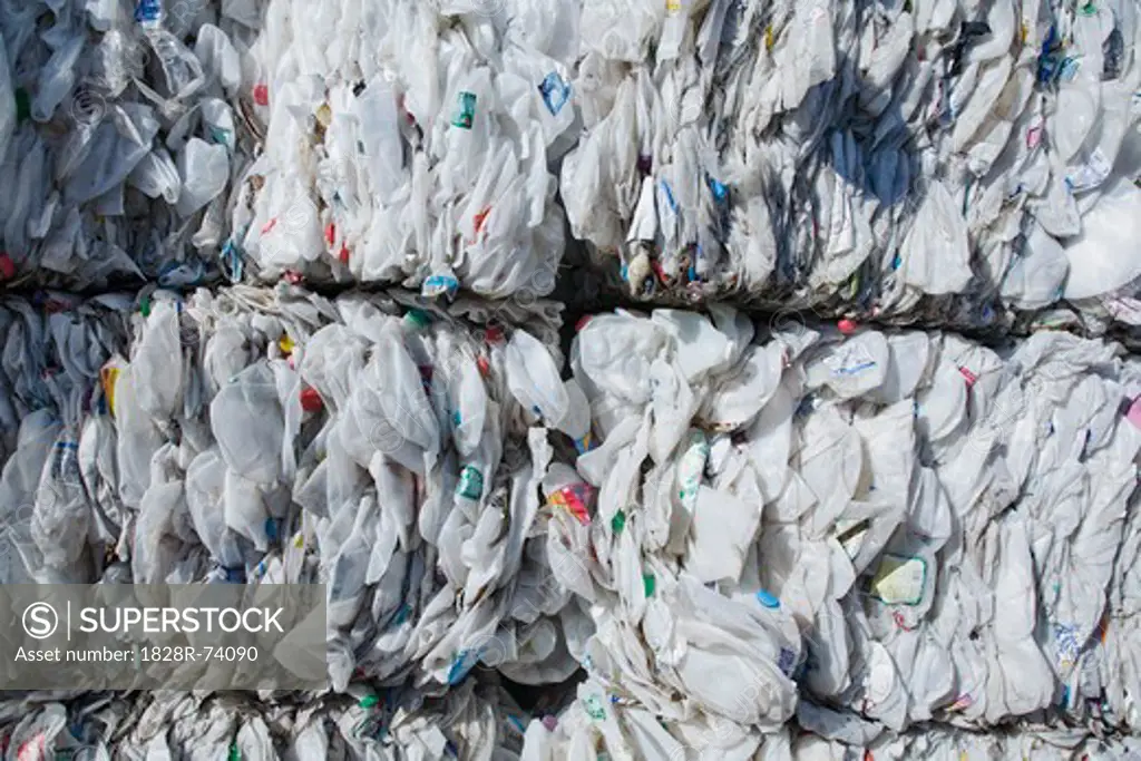 Crushed Plastic Milk Containers at Recycling Plant