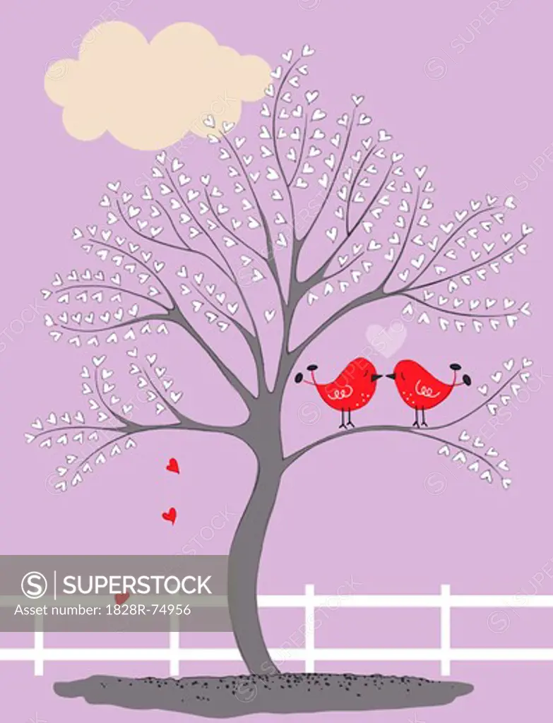 Illustration of Birds in a Tree Kissing