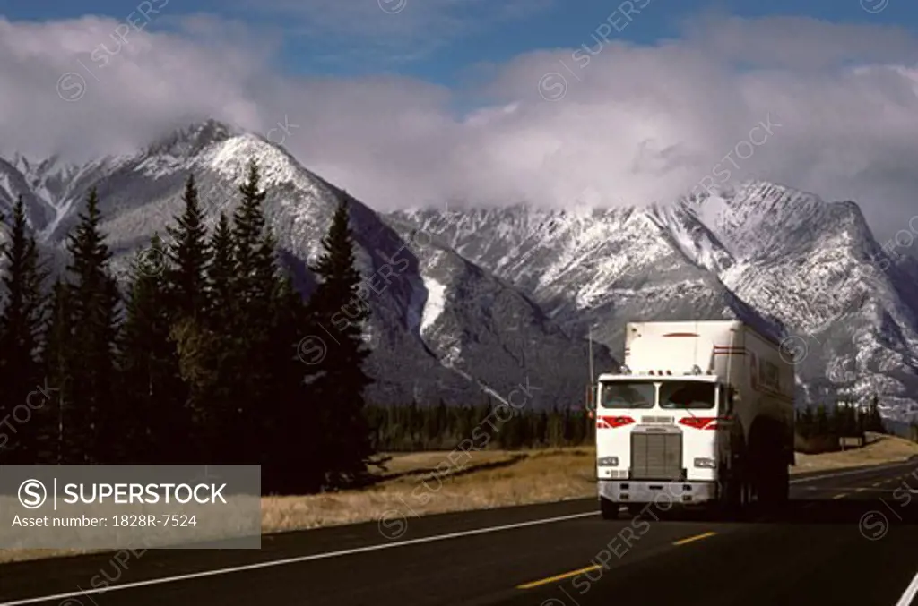 Transport Truck, Yellowhead Hwy, Jasper Nat'l Park Alberta, Canada   