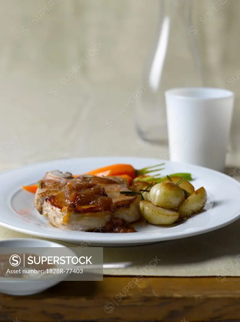 Pork Chop with Chutney and Sauteed Potatoes and Carrots
