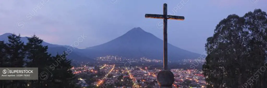 Cross and Volcan de Agua View From Cerro de la Cruz, Antigua, Sacatepequez Department, Guatemala