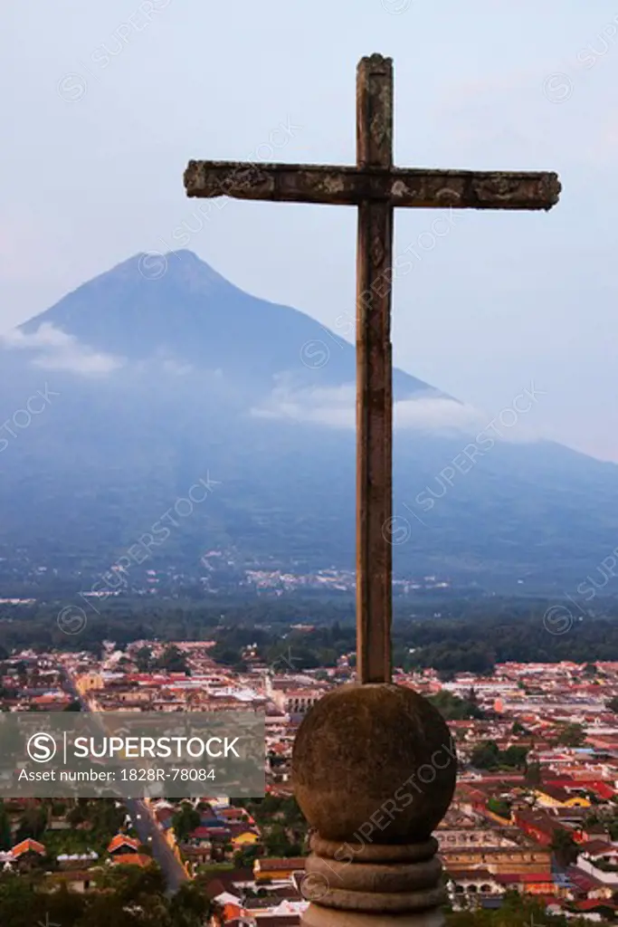 Cross and Volcan de Agua View From Cerro de la Cruz, Antigua, Sacatepequez Department, Guatemala
